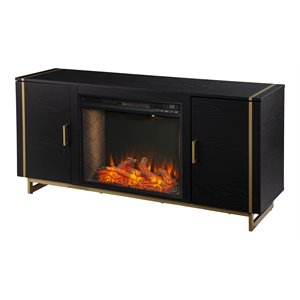 biddenham smart fireplace console with media storage in black/gold