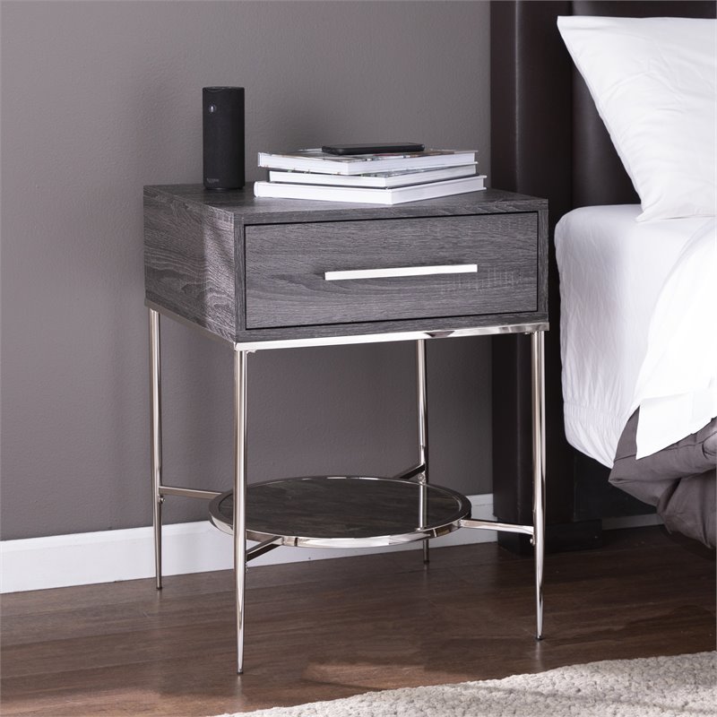 Waltenson Faux Marble Print 1-Drawer/Shelf Nightstand in Black Oak/Chrome/Gold