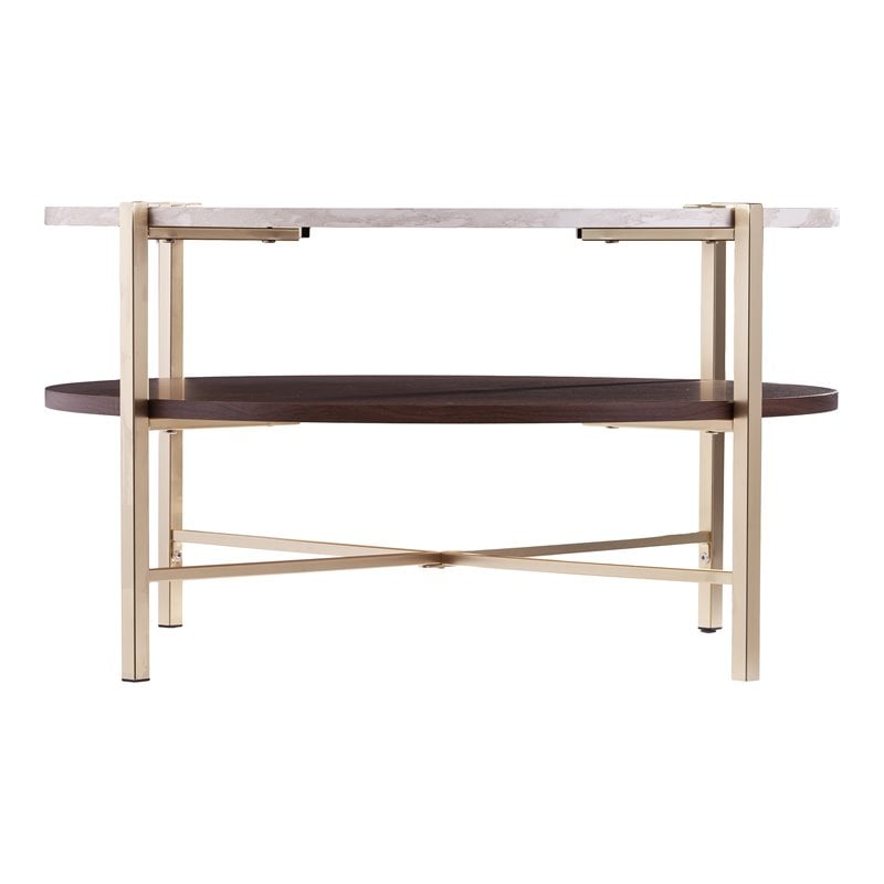 Ardmillan 2-Tier Round Faux Marble-Top Cocktail Table in Brass/Dark Tobacco