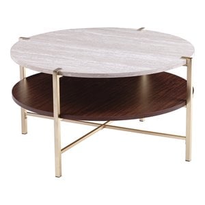 Ardmillan 2-Tier Round Faux Marble-Top Cocktail Table in Brass/Dark Tobacco