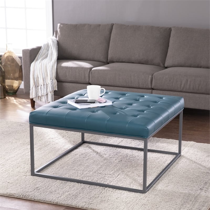SEI Furniture Ciarin Leather Upholstered Cocktail Ottoman in Blue/Gray