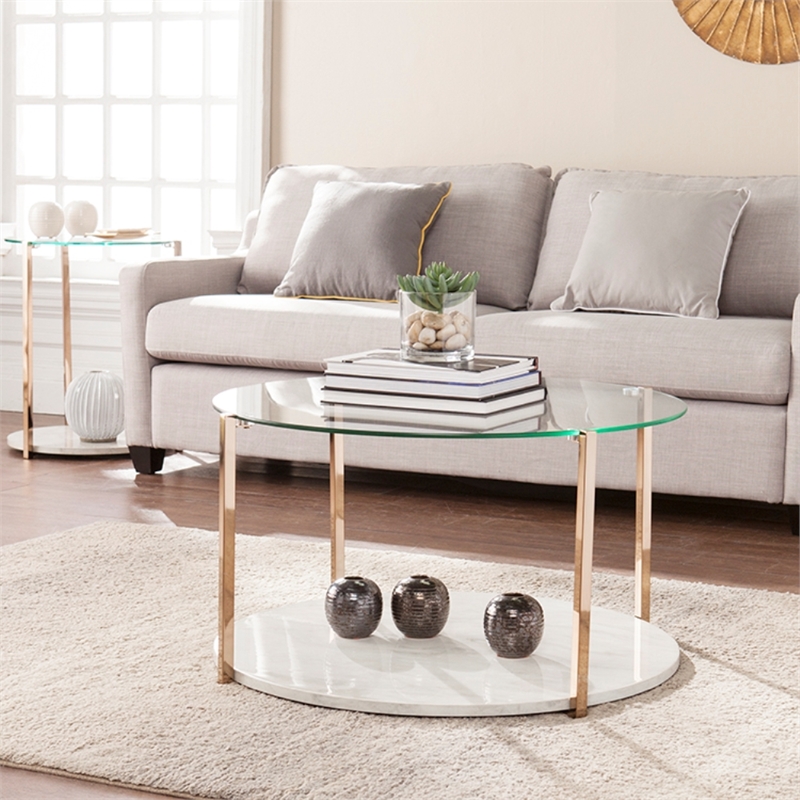 Southern Enterprises Avenida Round Tempered Glass-Top Cocktail Table in Gold