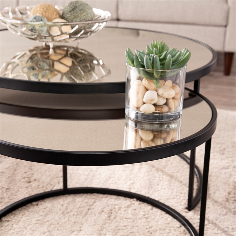 Southern Enterprises Downham Mirror Nesting Coffee Tables - 2Pc Set in Black