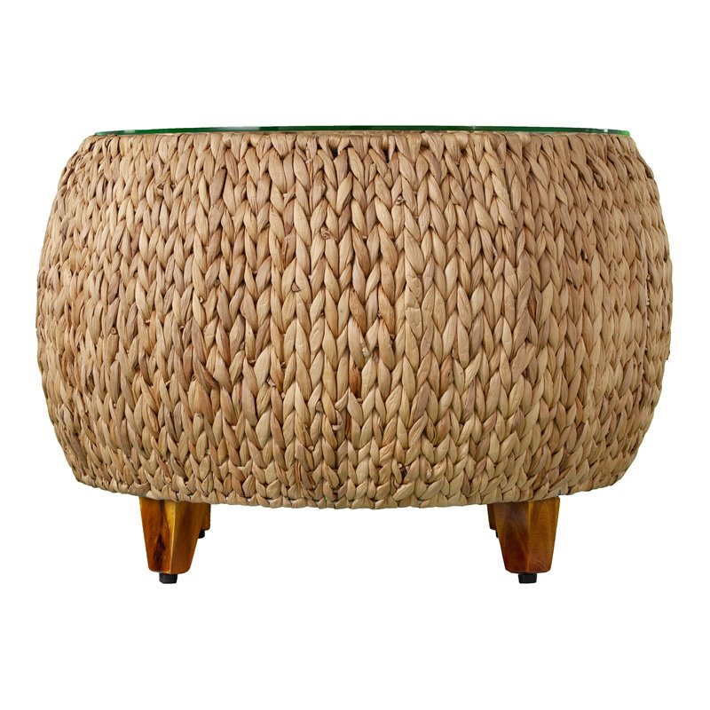 Jokobe Round Water Hyacinth with Tempered Glass Cocktail Table in Natural