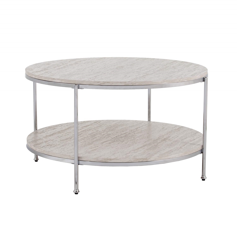 SEI Furniture Silas Round Faux Travertine Stone Cocktail Table in Chrome