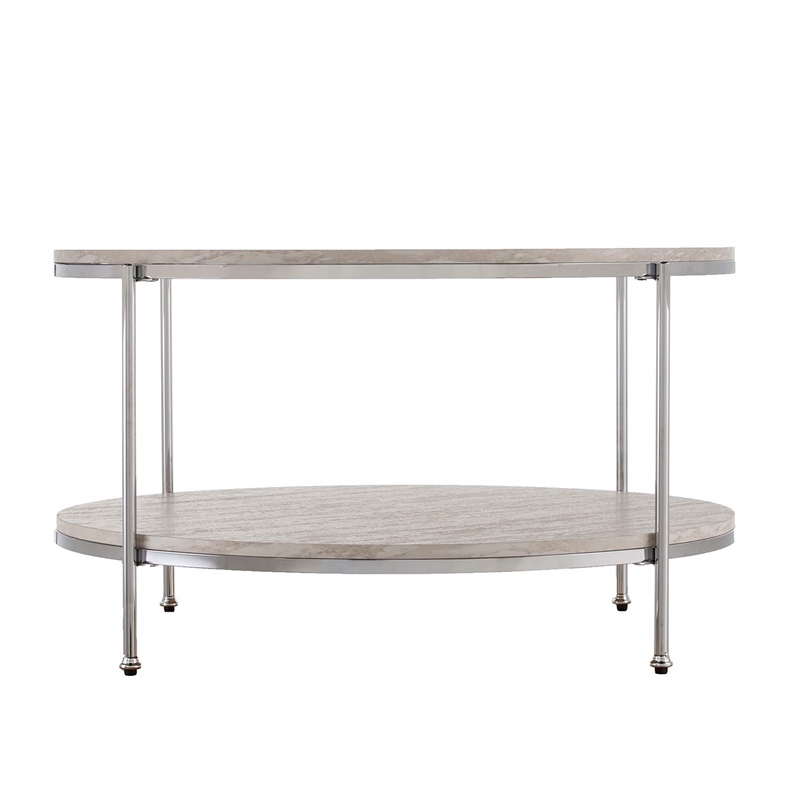 SEI Furniture Silas Round Faux Travertine Stone Cocktail Table in Chrome