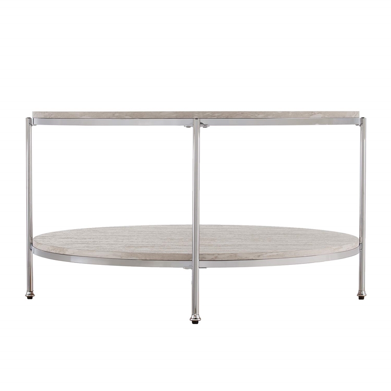 SEI Furniture Silas Round Faux Travertine Stone Cocktail Table in Chrome