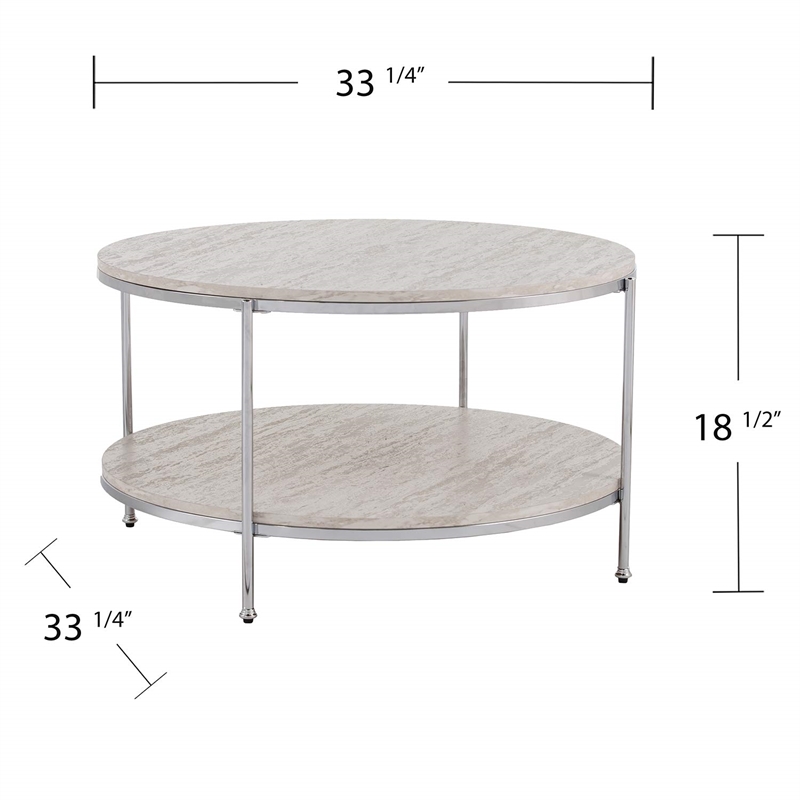 SEI Furniture Silas Round Faux Travertine Stone Cocktail Table in Chrome