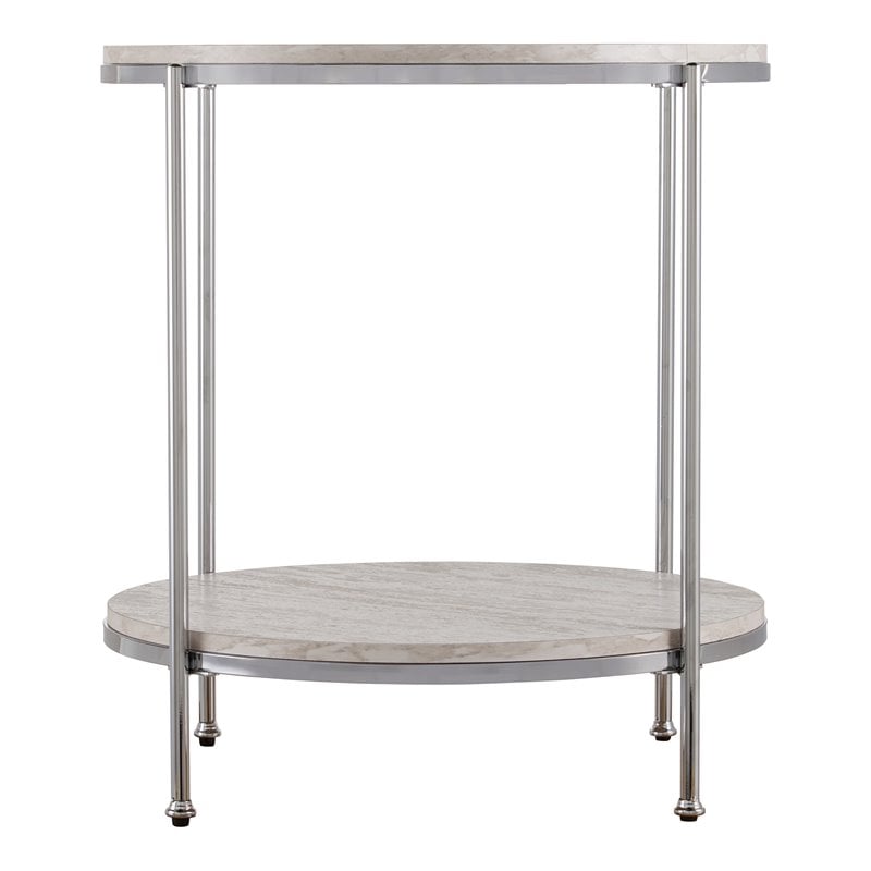 SEI Furniture Silas Round Faux Stone End Table in Chrome-Faux Travertine