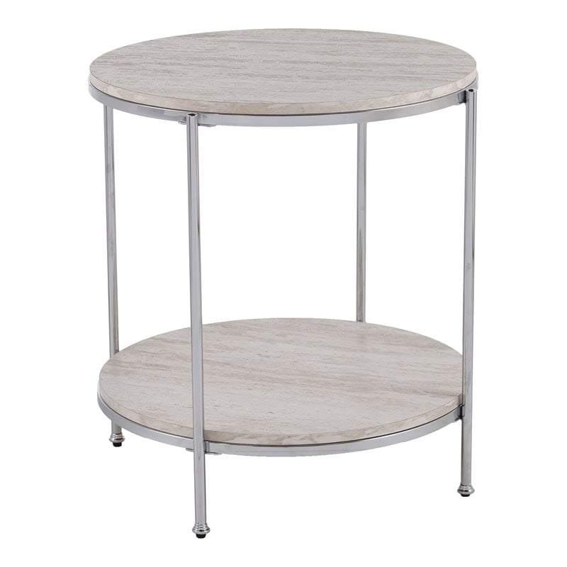 SEI Furniture Silas Round Faux Stone End Table in Chrome-Faux Travertine