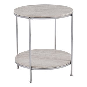 SEI Furniture Silas Round Faux Stone End Table in Chrome-Faux Travertine