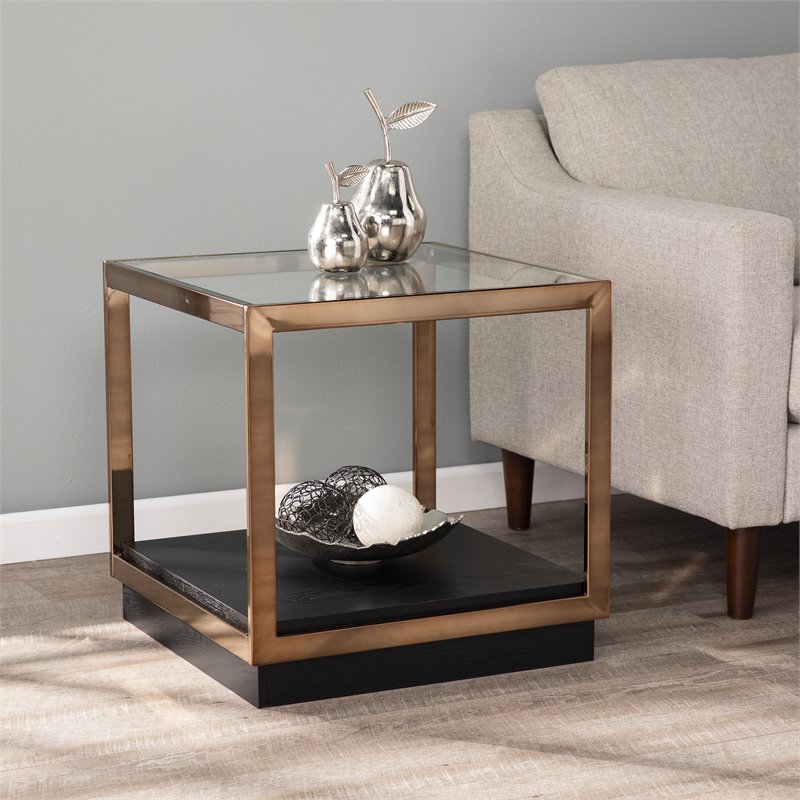 SEI Furniture Lexina Tempered Glass-Top End Table in Champagne-Black