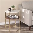 Ardmillan Round White Faux Travertine End Table in Brass/Dark Tobacco
