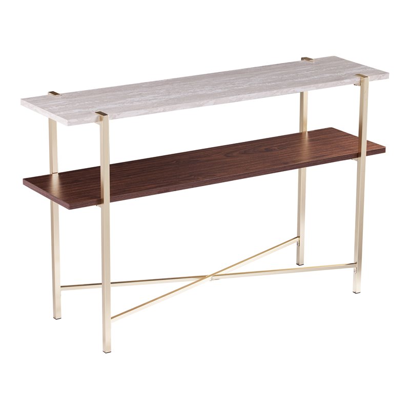 Southern Enterprises Ardmillan Wood And Iron Faux Marble Console Table in Brass