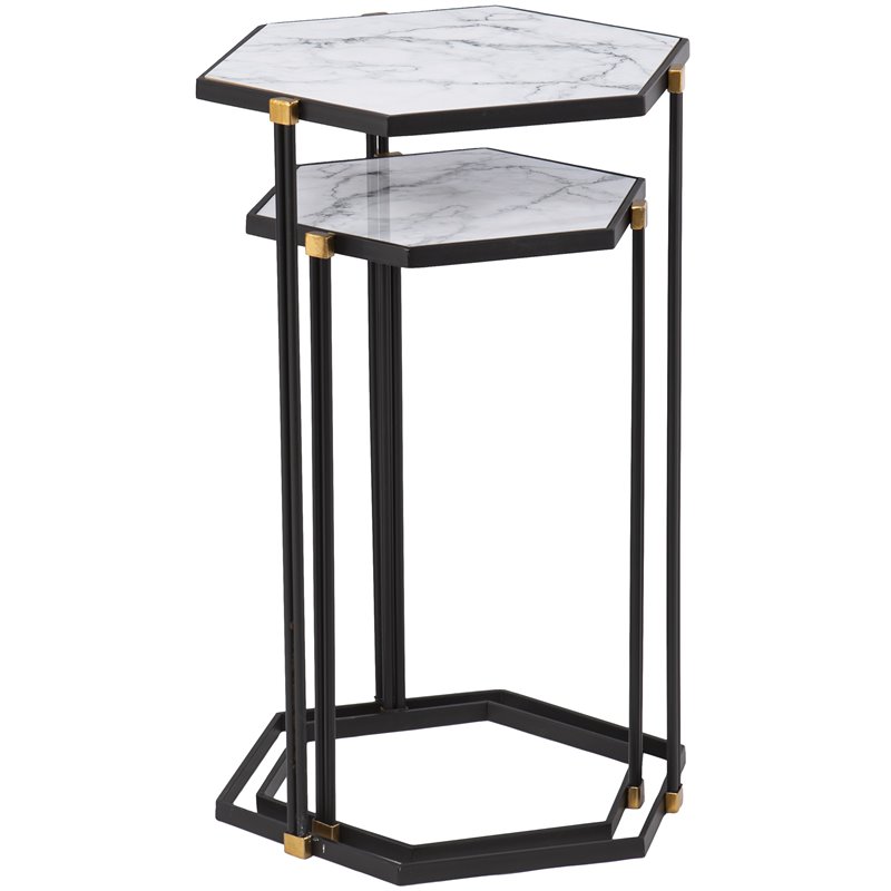 SEI Furniture Kerrisdale Faux MarbleTop Nested Table Set in Black/Gold/White
