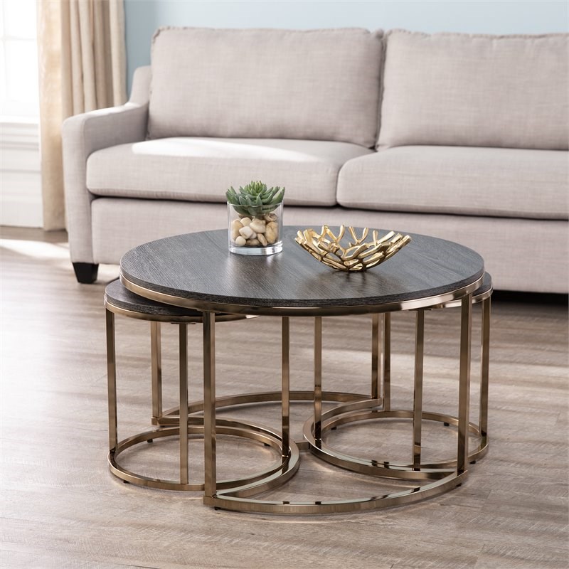 SEI Furniture Lachlan Round Metal Nested Coffee Table Set in Champagne/Espresso