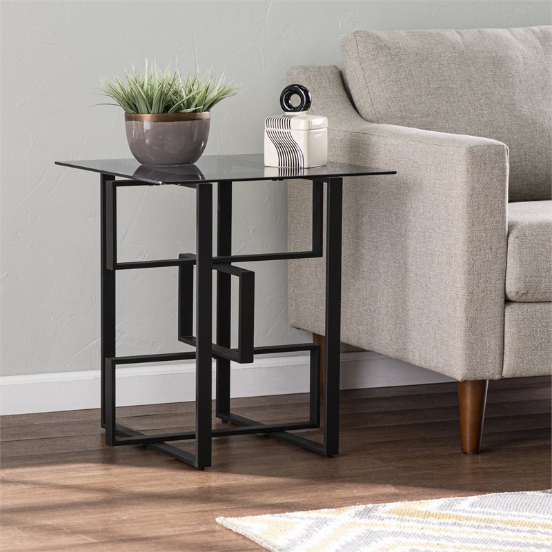 SEI Furniture Clanlin Glass-Top/Metal Base End Table in Black and Gray