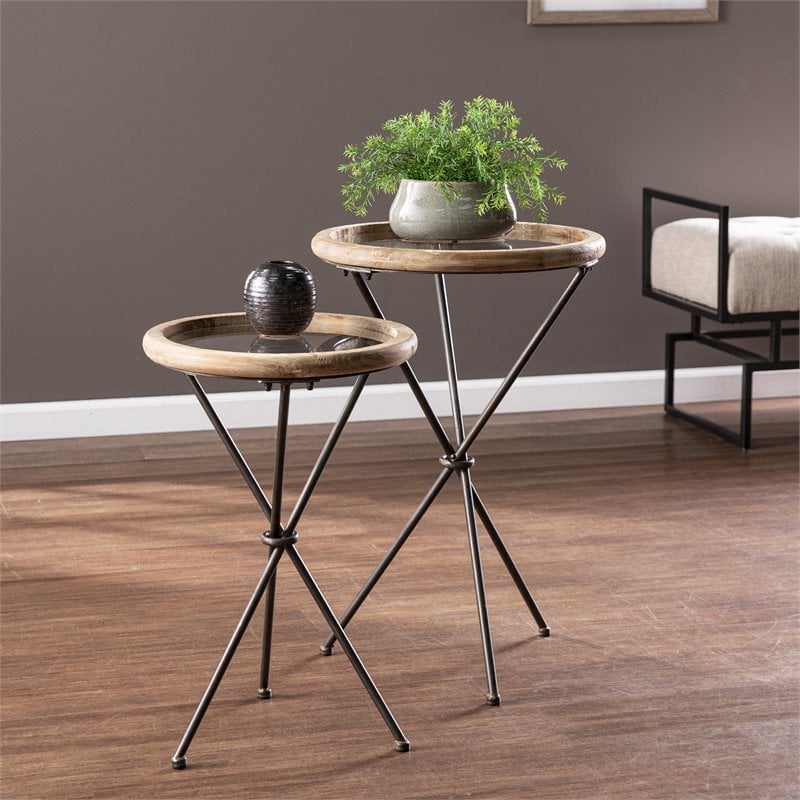 SEI Furniture Crellon Glass-Top Round End Table Set in Natural/Black