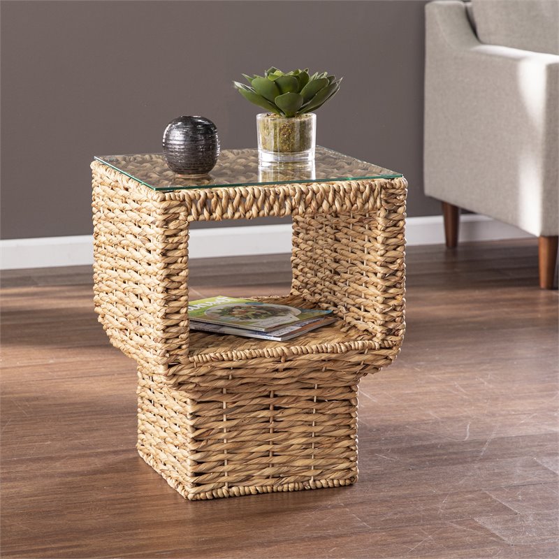 SEI Furniture Pallston Woven Water Hyacinth Glass-Top End Table in Natural