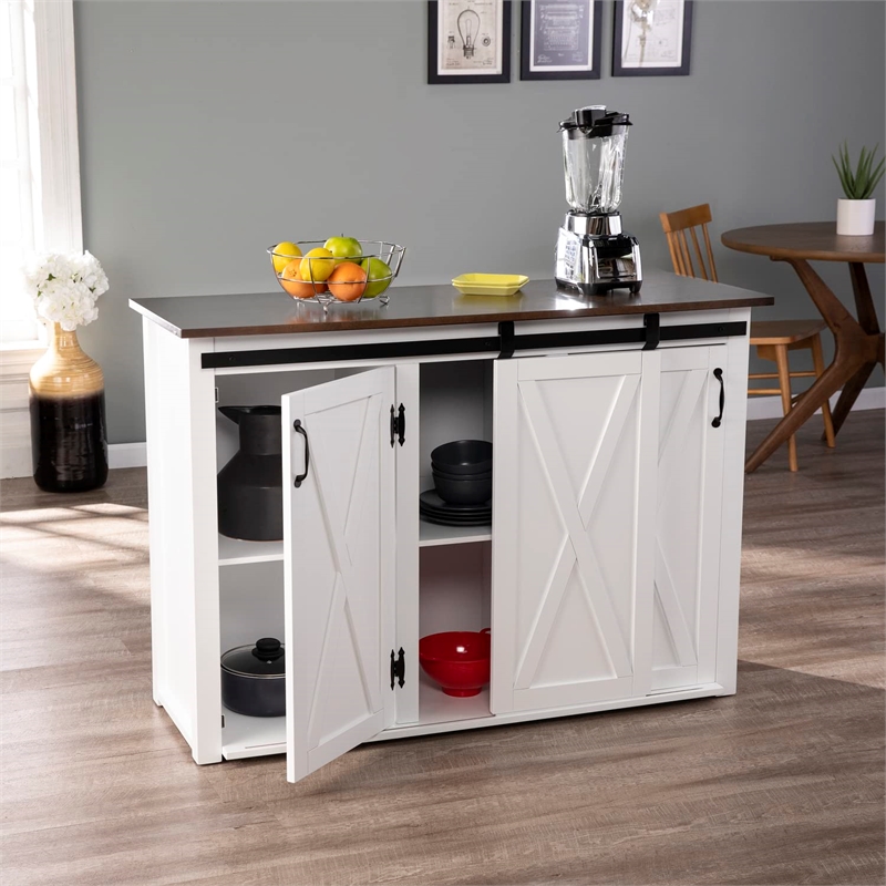SEI Furniture Leshire Engineered Wood Barn-Door Kitchen Island Dark Brown/White