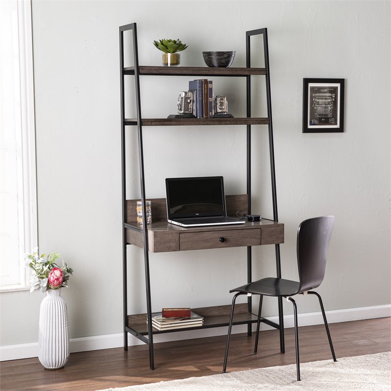 SEI Furniture Lizvan Ladder Desk with Storage in Gray/Brown/Black