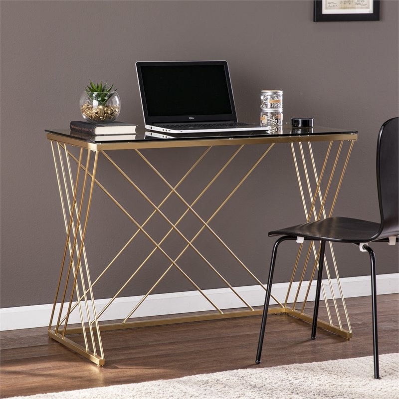 SEI Furniture Dezby Modern Tempered Metal and Glass-Top Desk in Gold