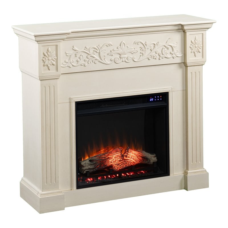 SEI Furniture Calvert Carved Touch Screen Electric Fireplace in Creamy Ivory