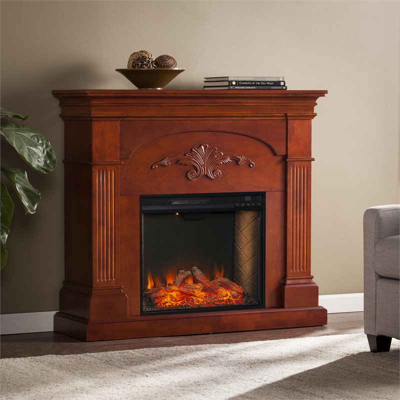SEI Furniture Sicilian Smart Engineered Wood Electric Fireplace in Mahogany