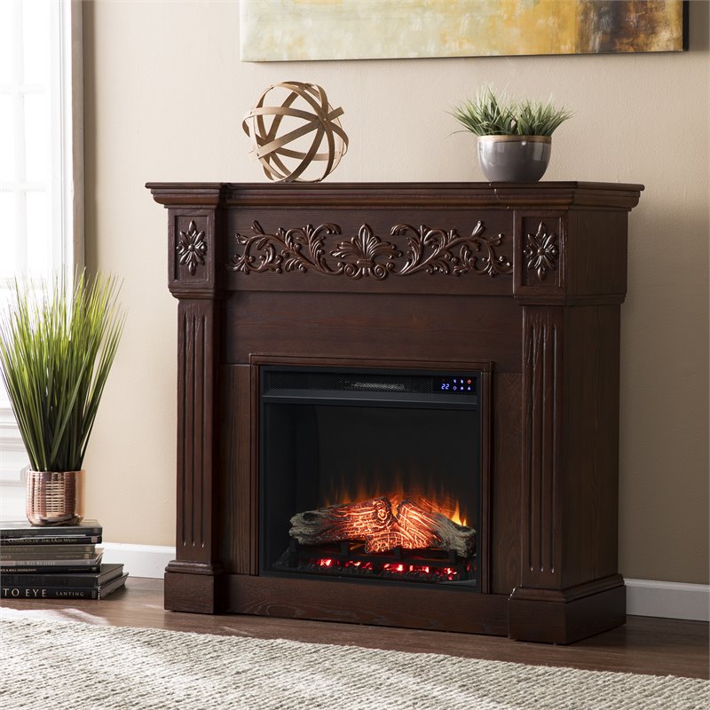 SEI Furniture Calvert Carved Touch Screen Electric Fireplace in Rich Espresso