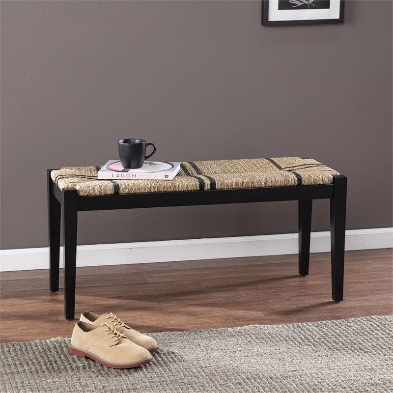 SEI Furniture Gallocano Ash Wood and Seagrass Bench in Black/Natural