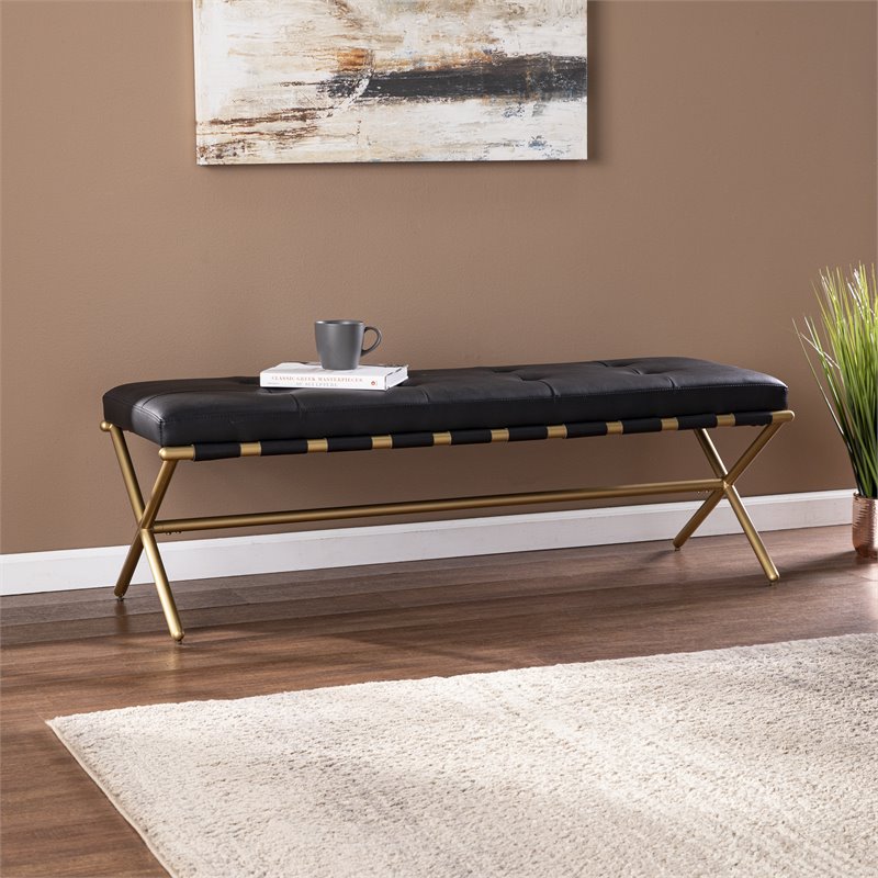 SEI Furniture Clairvoix Modern Faux Leather Bench in Black/Gold