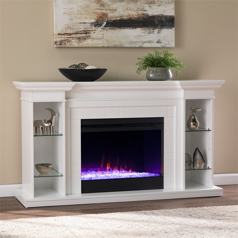 SEI Furniture Henstinger Wood Color Changing Fireplace with Bookcase in White