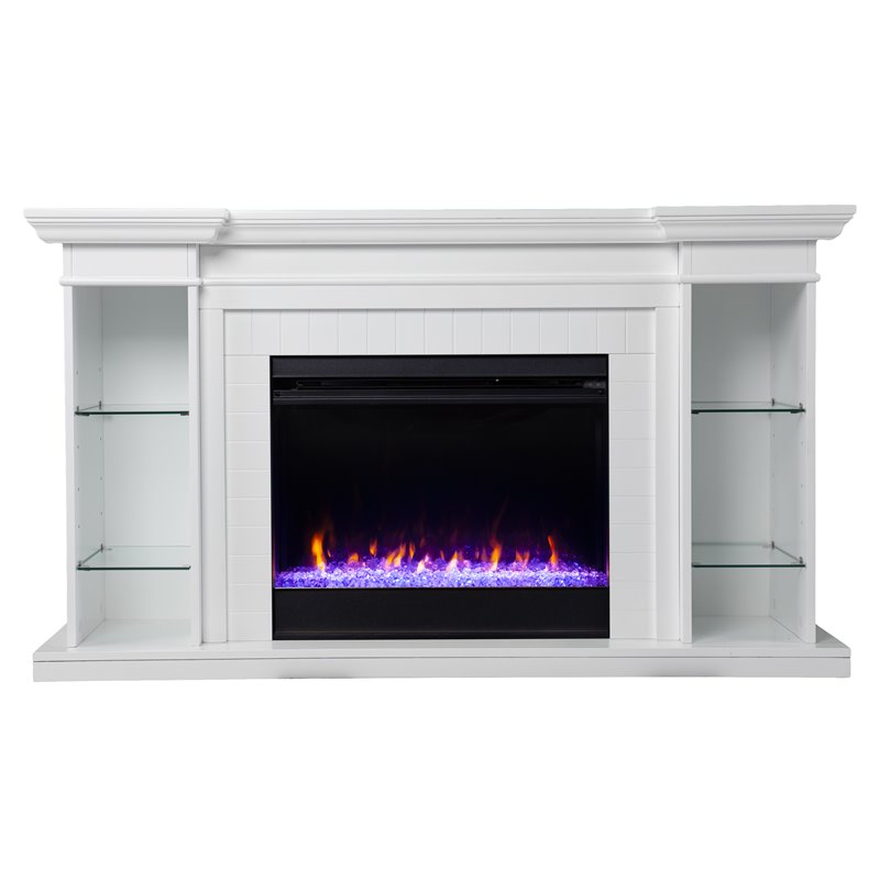 SEI Furniture Henstinger Wood Color Changing Fireplace with Bookcase in White