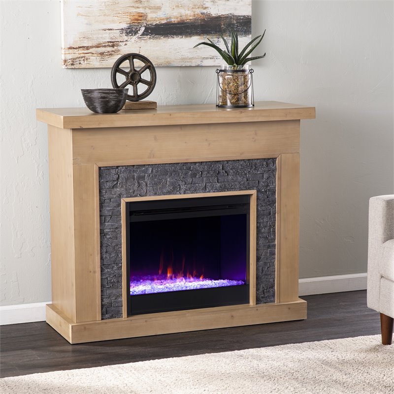 SEI Furniture Standlon Faux Stone/Wood Color Changing Fireplace in Natural/Gray