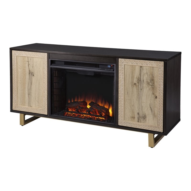 SEI Furniture Wilconia Wood TV Stand with Electric Media Fireplace in Brown/Gold