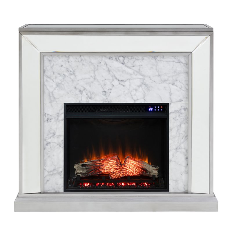 SEI Furniture Trandling Mirrored Touch Screen Wood Electric Fireplace in Silver