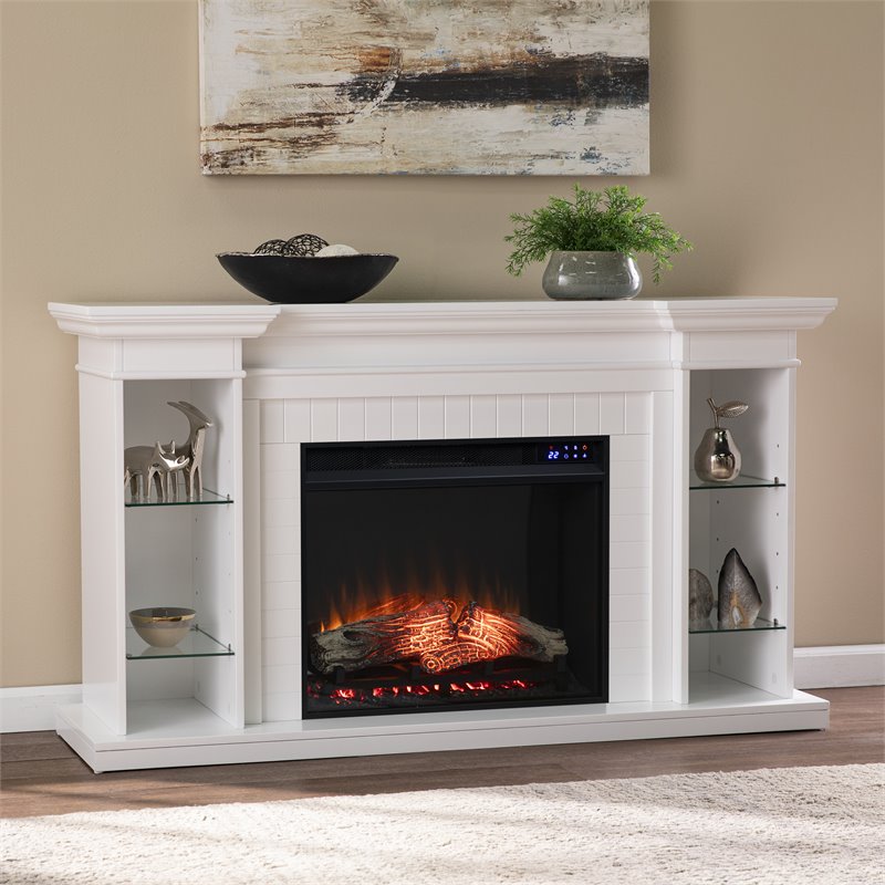 SEI Furniture Henstinger Touch Screen Wood Bookcase Electric Fireplace in White