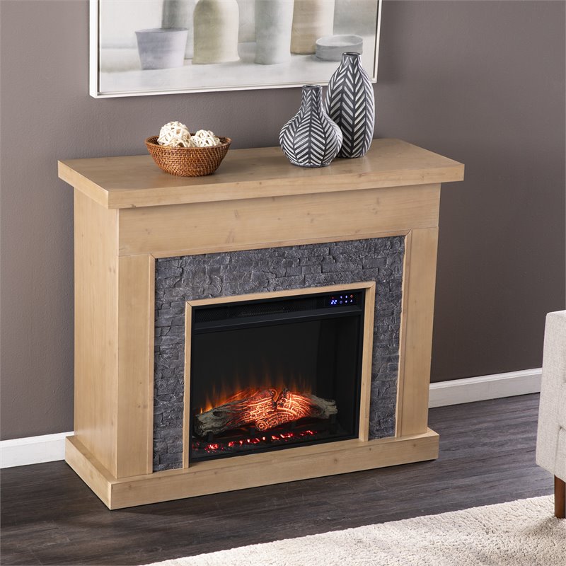 SEI Furniture Standlon Touch Screen Wood Electric Fireplace in Natural/Gray