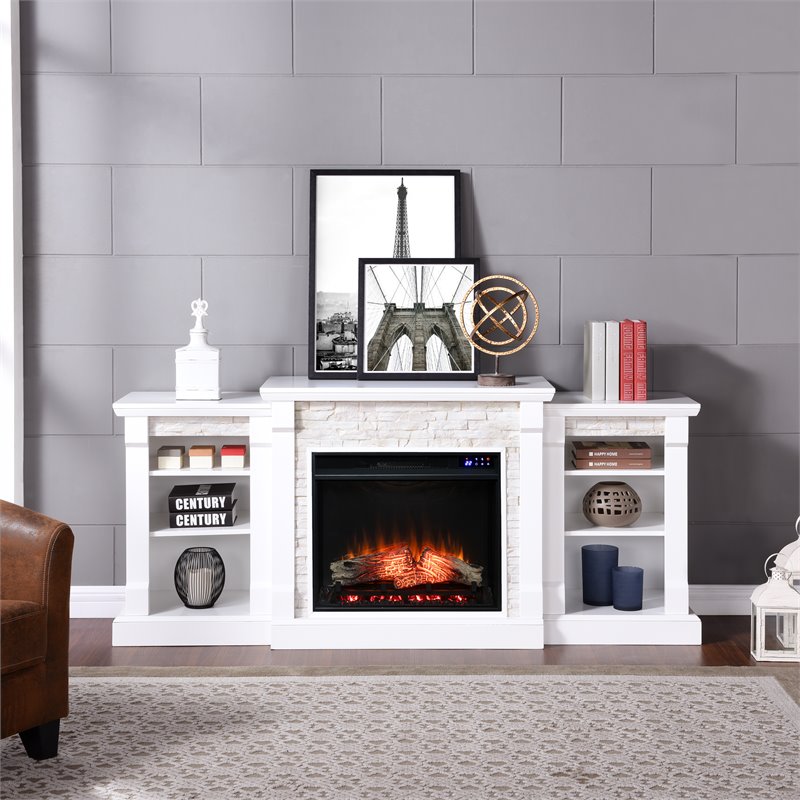 SEI Furniture Gallatin Touch Screen Wood Bookcases Electric Fireplace in White