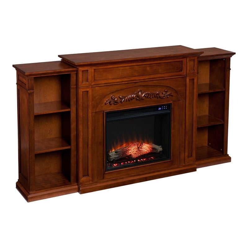 SEI Furniture Chantilly Touch Screen Wood Electric Bookcases Fireplace in Oak