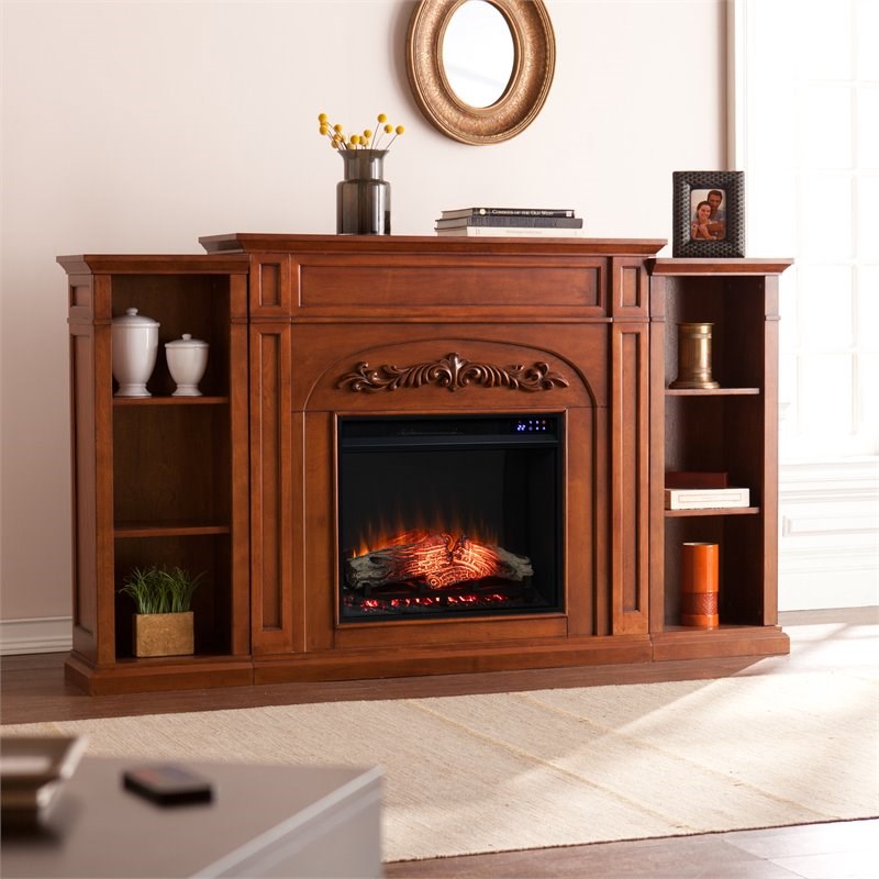 SEI Furniture Chantilly Touch Screen Wood Electric Bookcases Fireplace in Oak