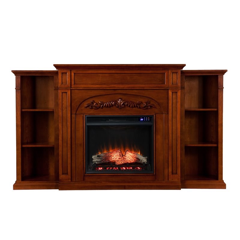 SEI Furniture Chantilly Touch Screen Wood Electric Bookcases Fireplace in Oak