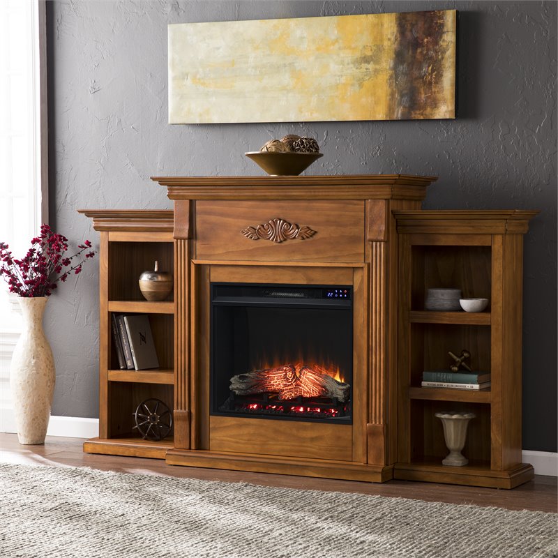 SEI Furniture Tennyson Wood Electric Fireplace Bookcases in Glazed Pine Brown