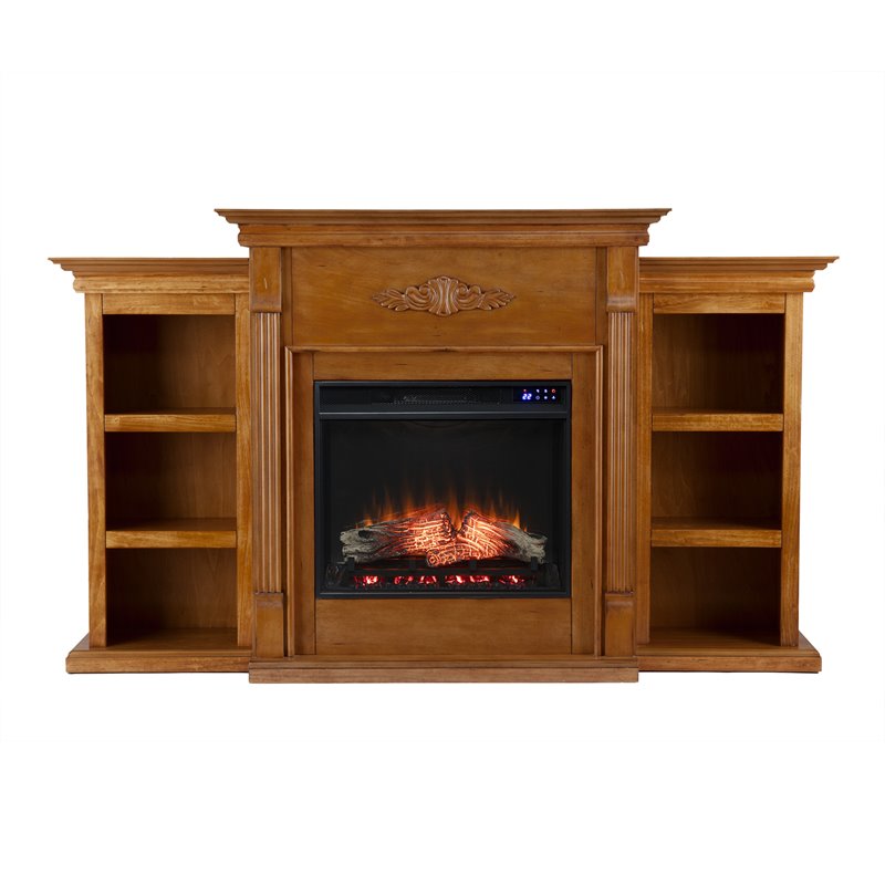 SEI Furniture Tennyson Wood Electric Fireplace Bookcases in Glazed Pine Brown