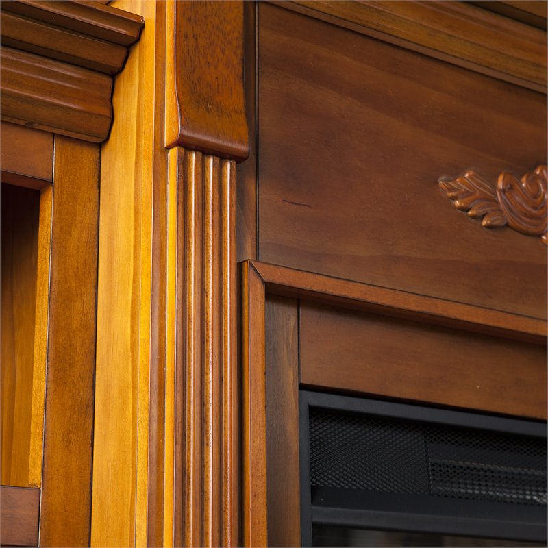 SEI Furniture Tennyson Wood Electric Fireplace Bookcases in Glazed Pine Brown
