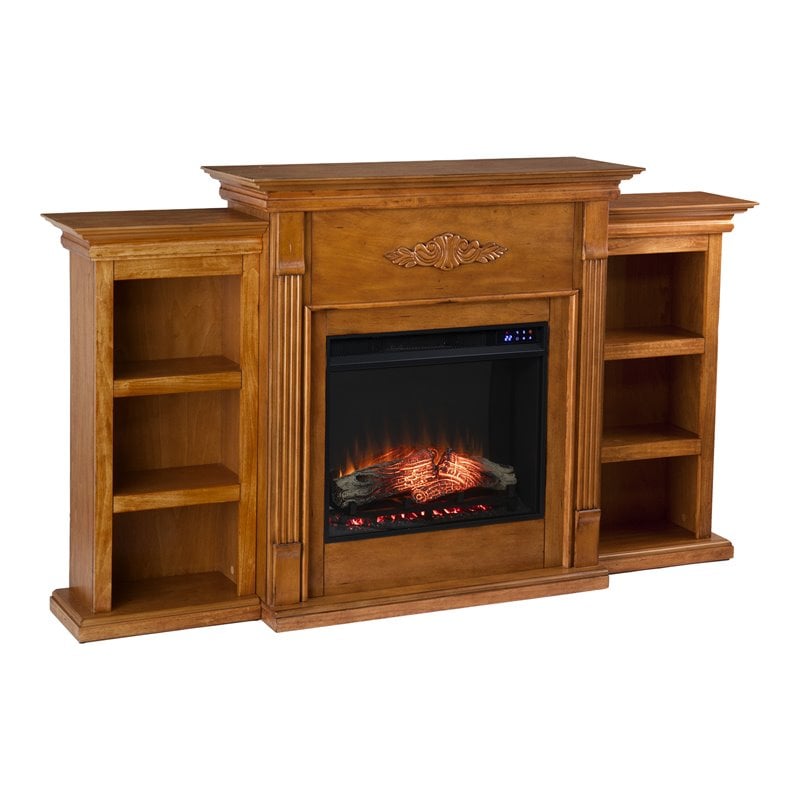 SEI Furniture Tennyson Wood Electric Fireplace Bookcases in Glazed Pine Brown
