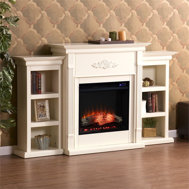 SEI Furniture Tennyson Touch Screen Wood Electric Fireplace w/ Bookcase in Ivory