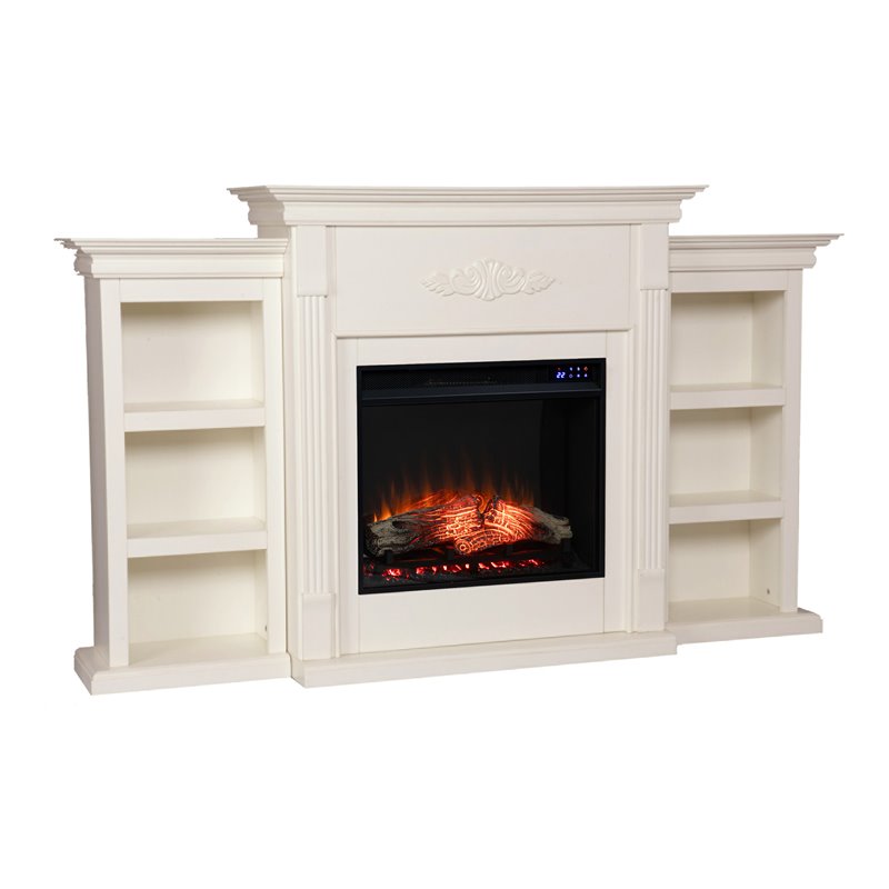 SEI Furniture Tennyson Touch Screen Wood Electric Fireplace w/ Bookcase in Ivory