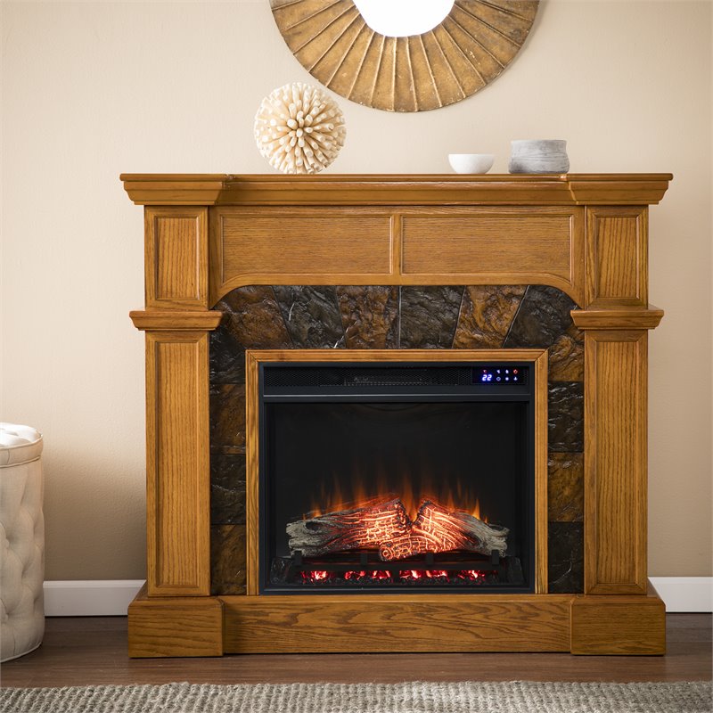 SEI Furniture Cartwright Touch Screen Wood Electric Corner Fireplace in Oak