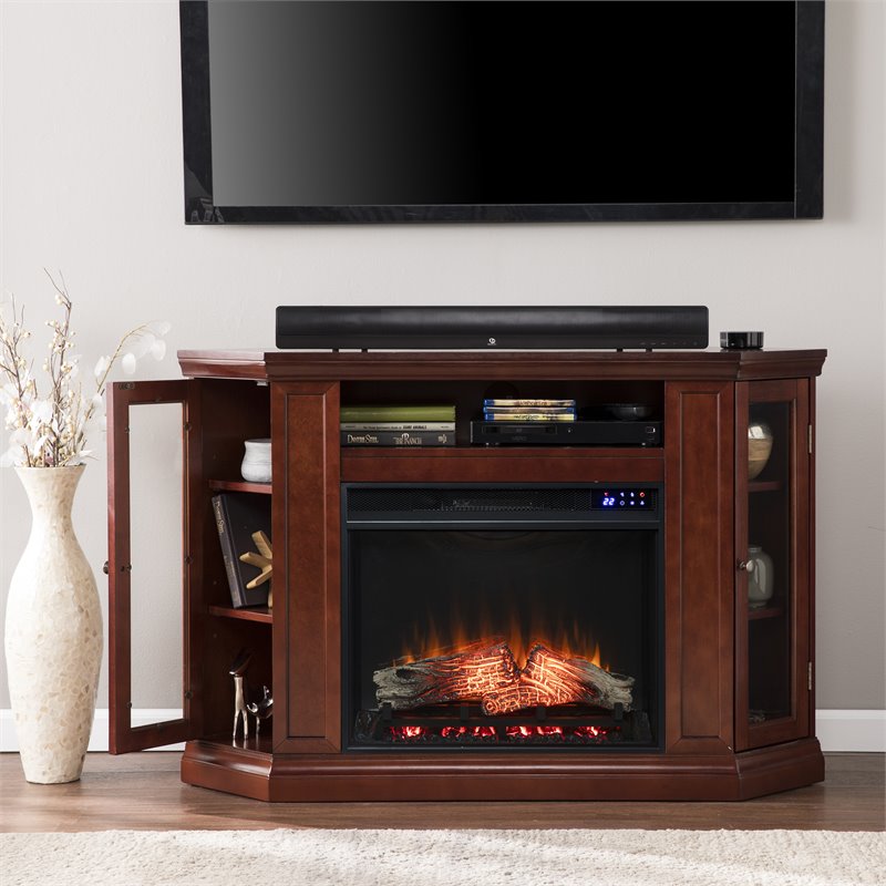 SEI Furniture Claremont Touch Screen Wood Electric Corner Fireplace in Cherry